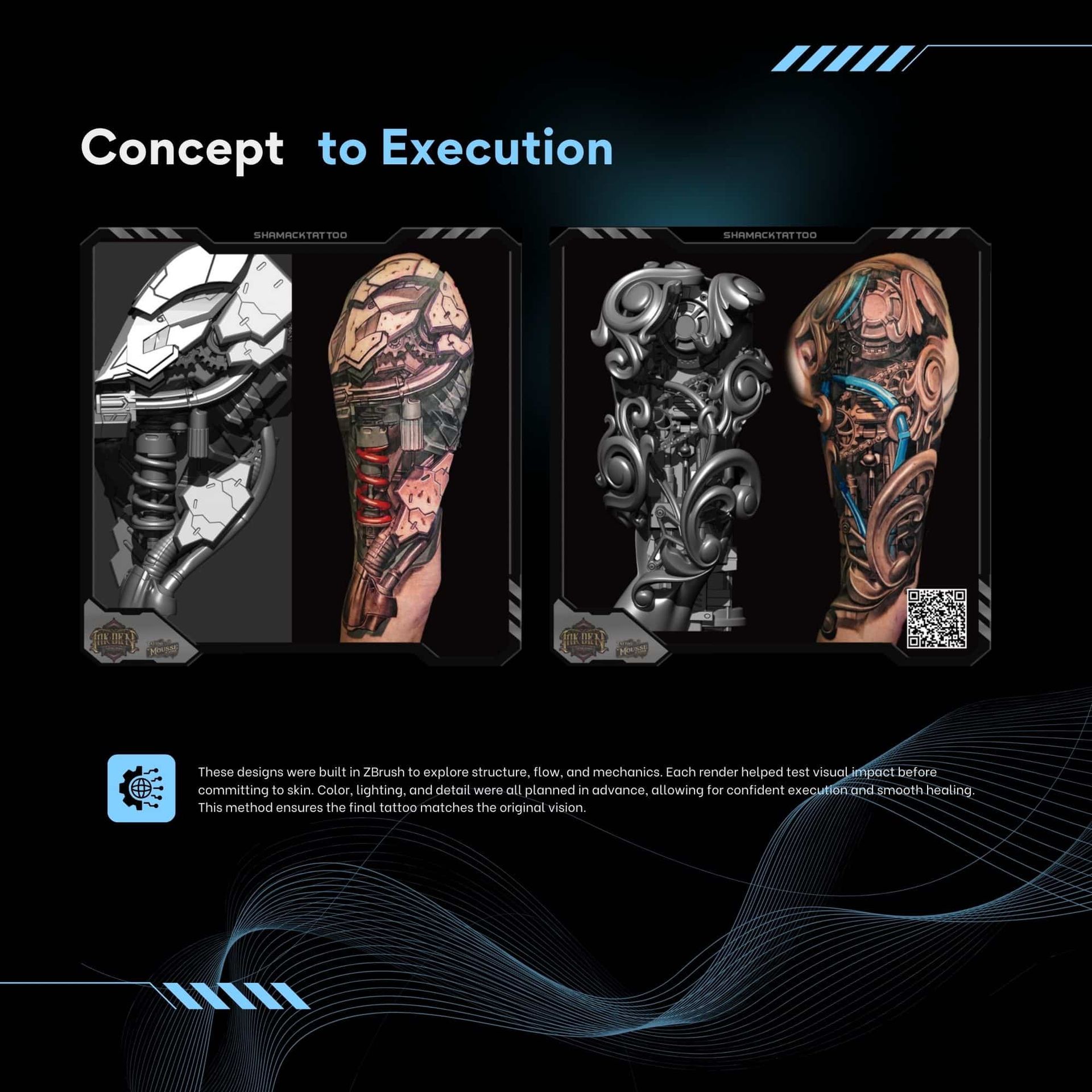 Concept to execution: sketches and finished tattoo designs on an arm