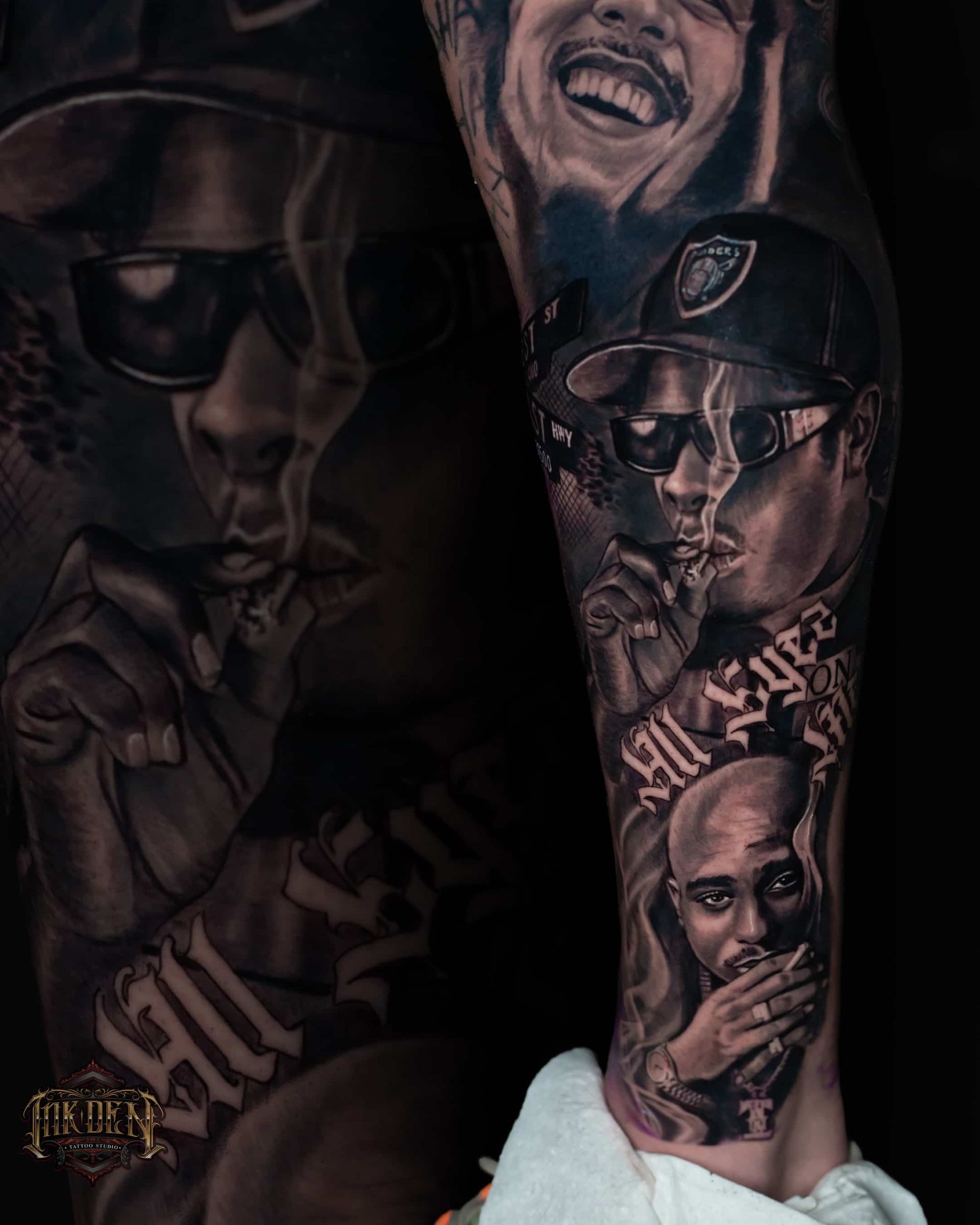 Dark tattoo collage on skin, featuring faces, sunglasses, and a hand over a mouth.