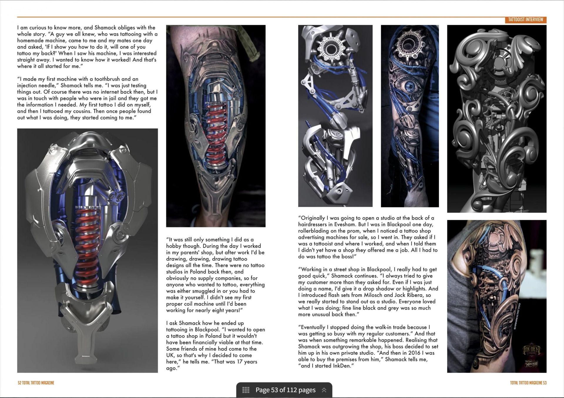 Biomechanical leg tattoo designed and executed by Shamack using advanced 3D modelling techniques.