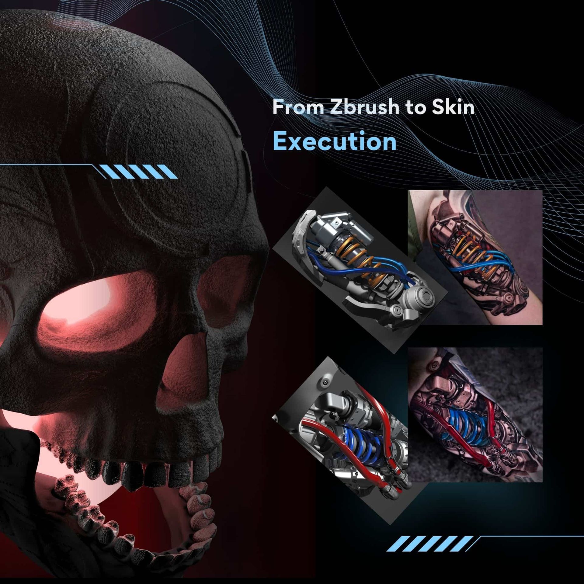 Stylised black skull with glowing red eyes, From Zbrush to Skin Execution