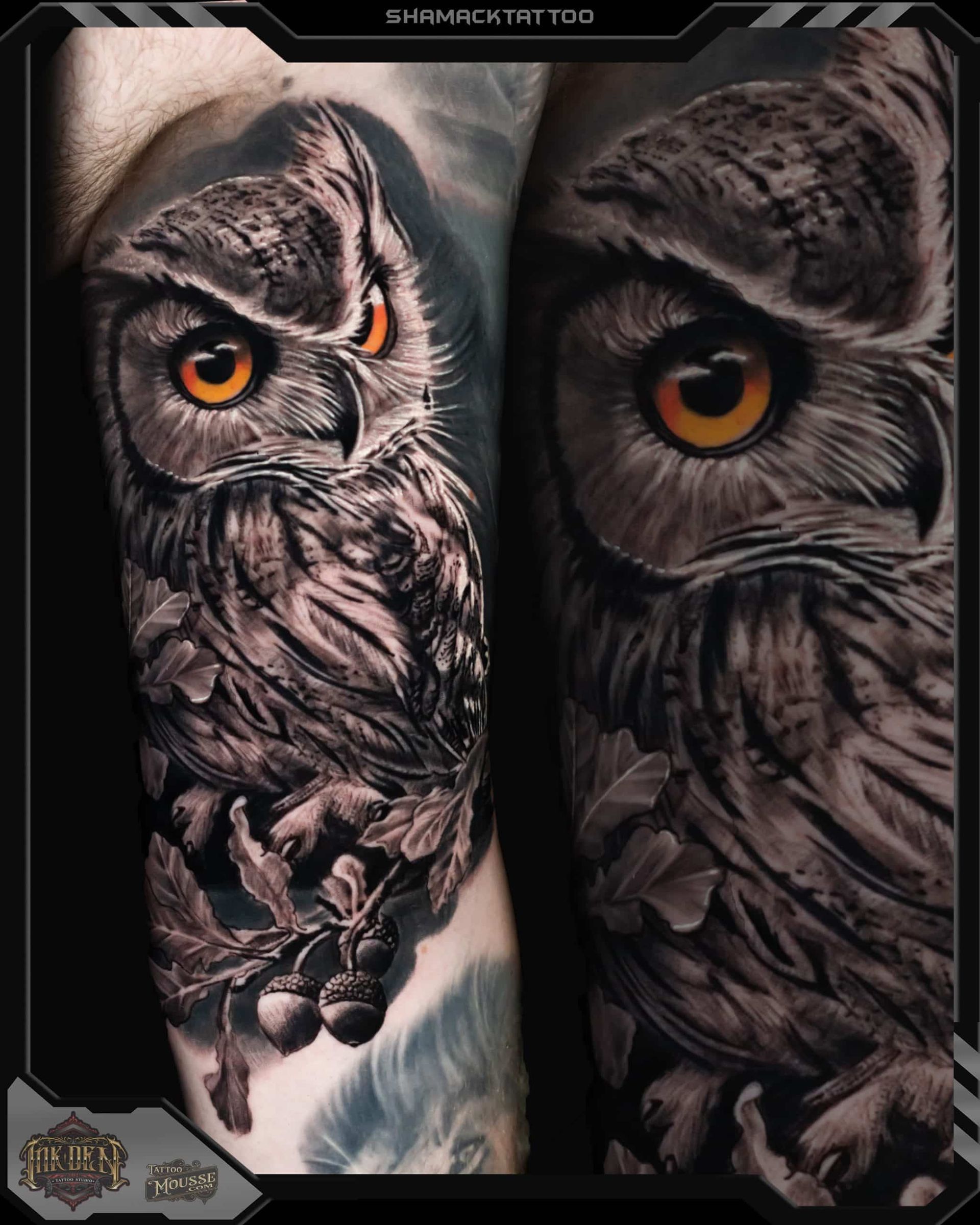Black-and-gray owl tattoo with vivid orange eyes on two forearms