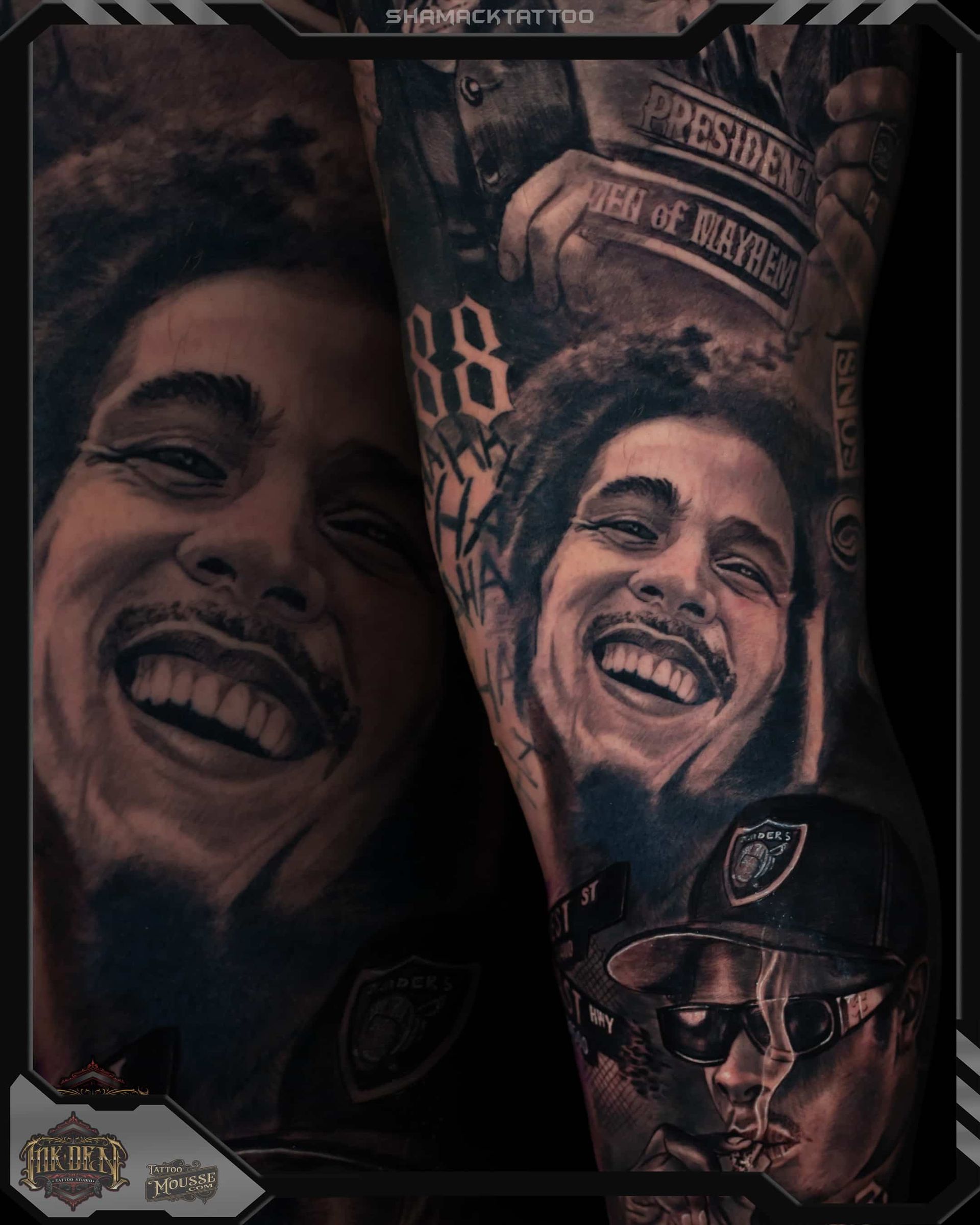 Tattoo collage with smiling portraits, dark tones, and a cap-wearing man at bottom right