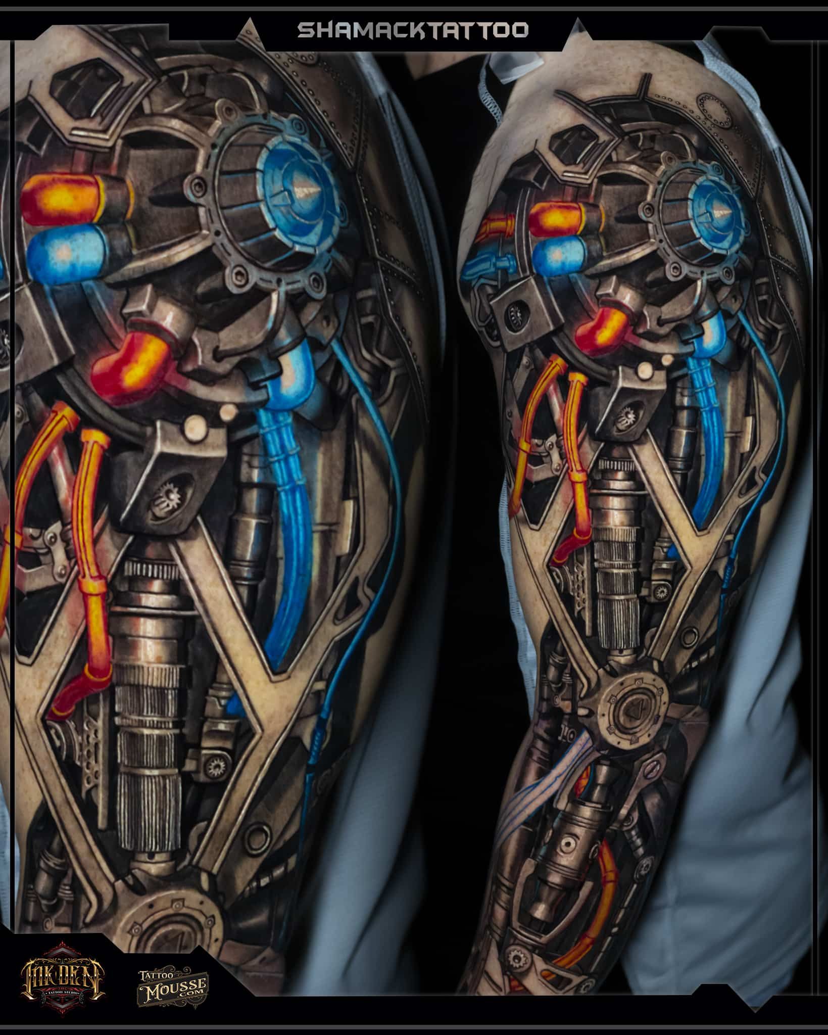 Two futuristic mechanical cybernetic limbs with glowing blue, red, and yellow lights in a dark setting