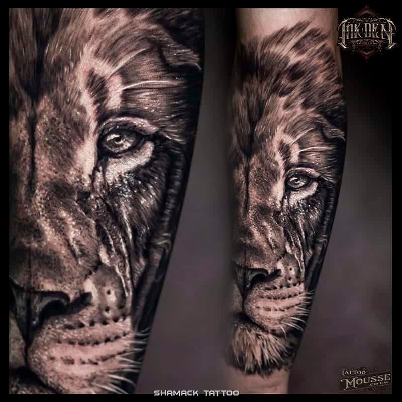 Split-screen black-and-gray lion tattoo design close-up on skin, showing a detailed lion face and eye