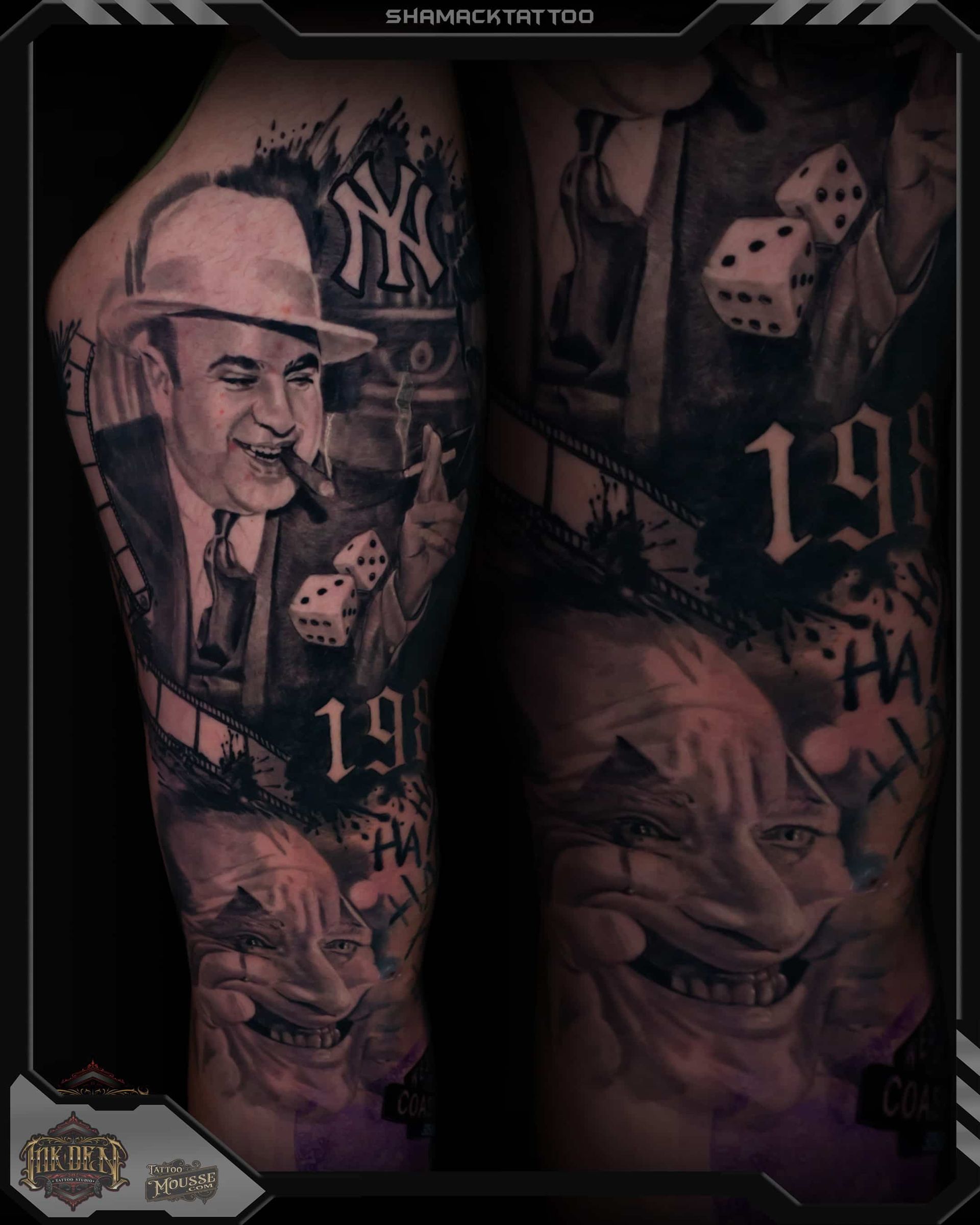 Dark tattoo sleeve collage with portraits, dice, and a New York Yankees logo in purple tones