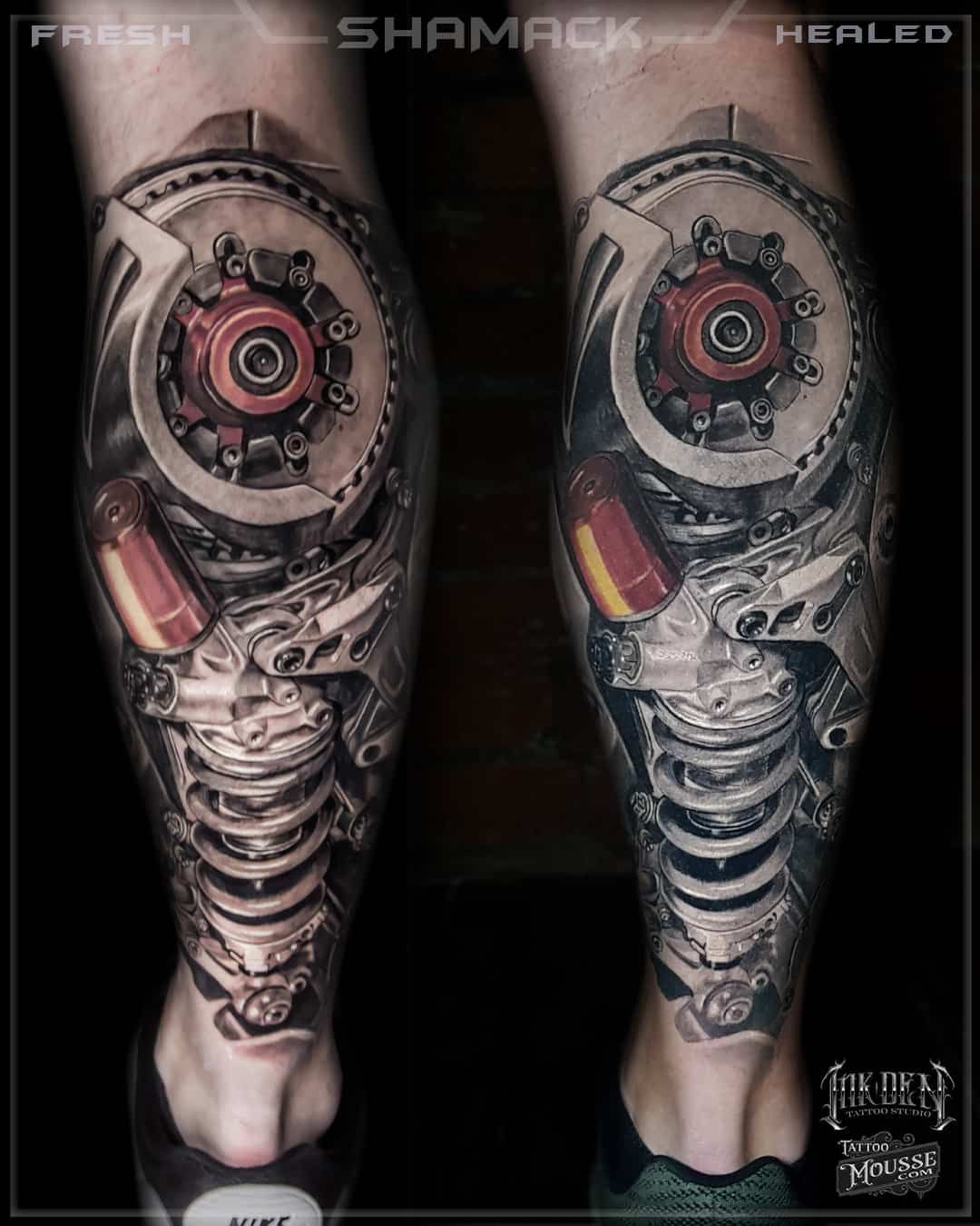 spring-calf-realism-3d-Black-and-grey-cyber-biomechanical-tattoo-Shamack-Inkden