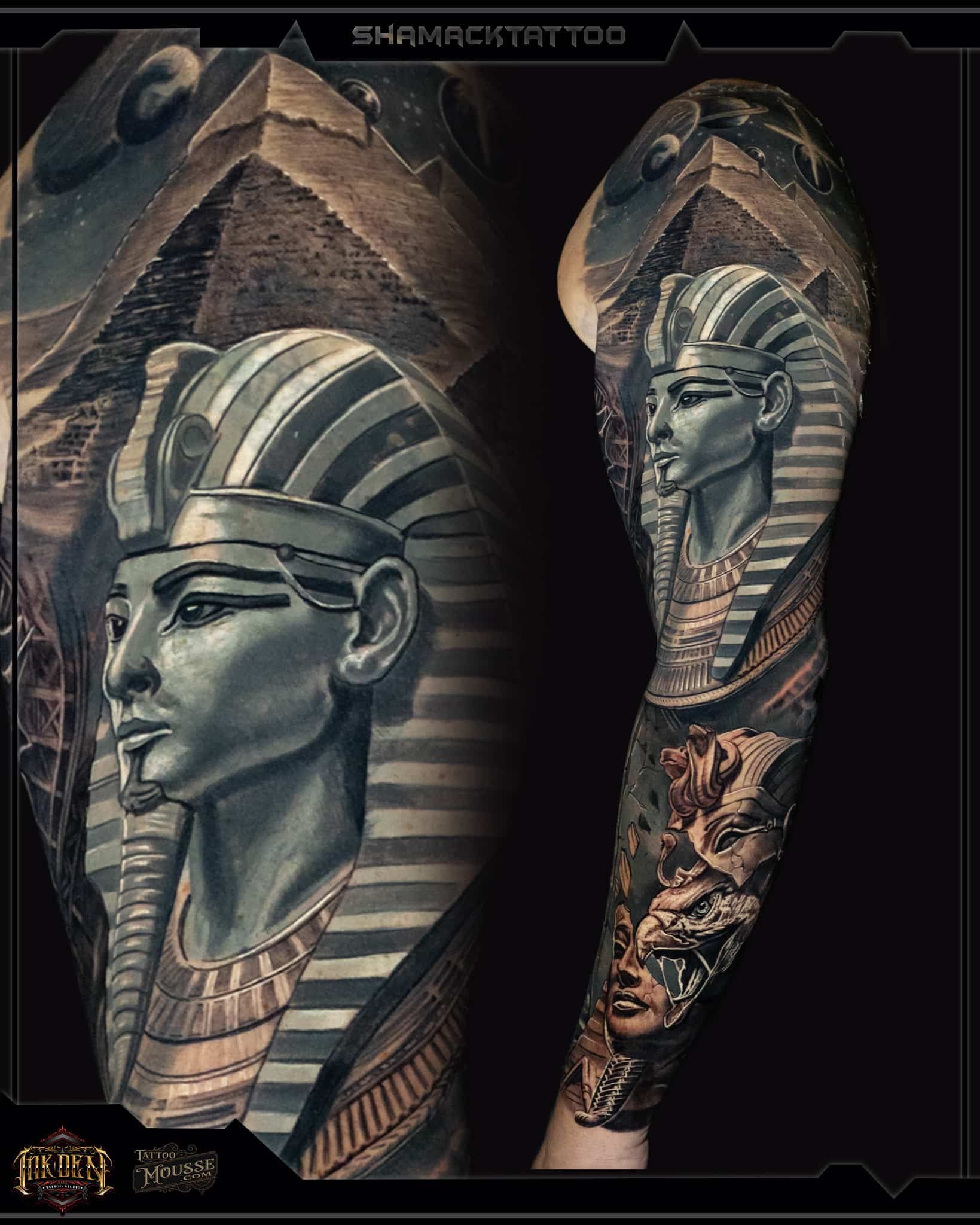 Egyptian pharaoh tattoo design on forearm, black and gold with detailed face and stripes