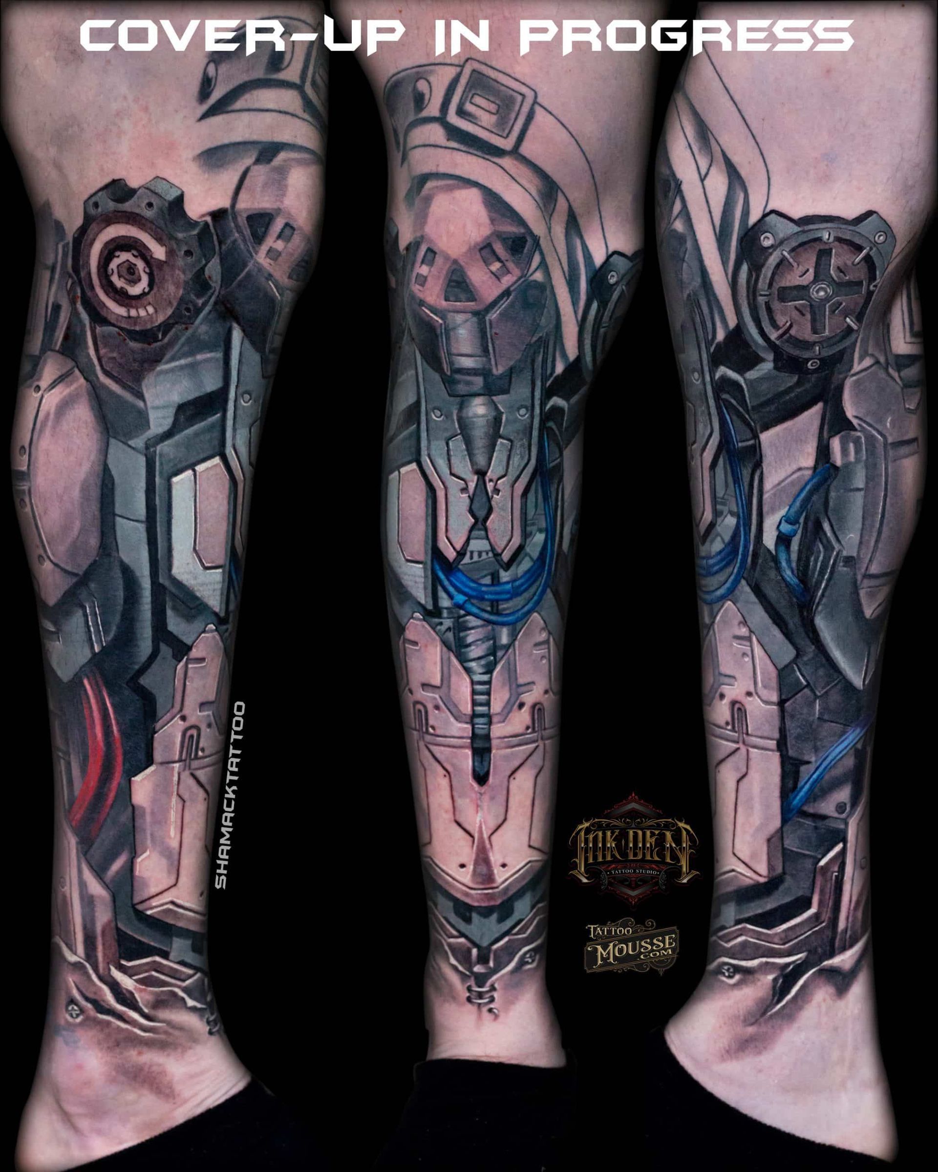 Three views of a tattooed lower leg with a mechanical, blue-accented design and “cover up in progress” text.