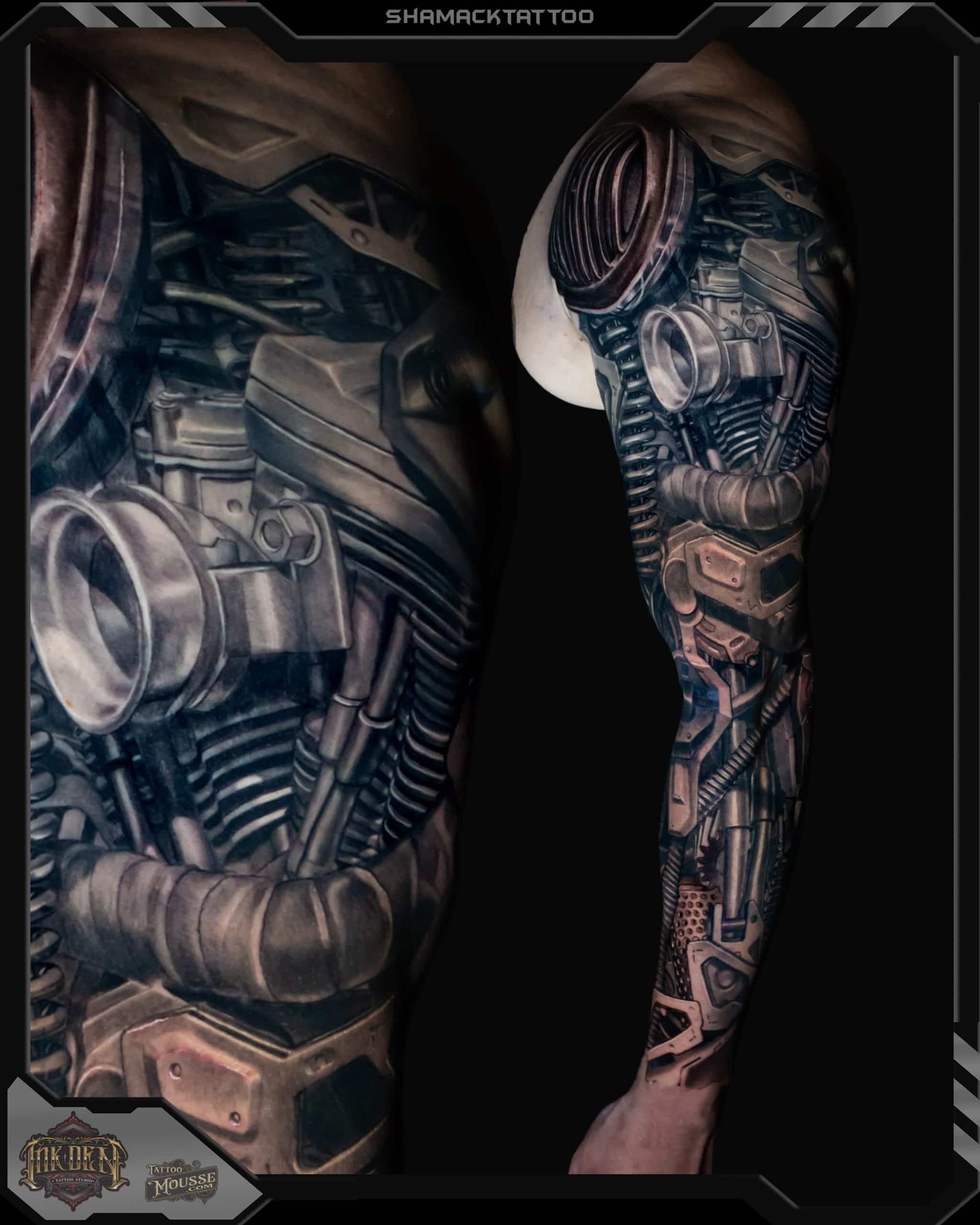Close-up of two tattooed arms with a detailed biomechanical sleeve in dark metallic tones.