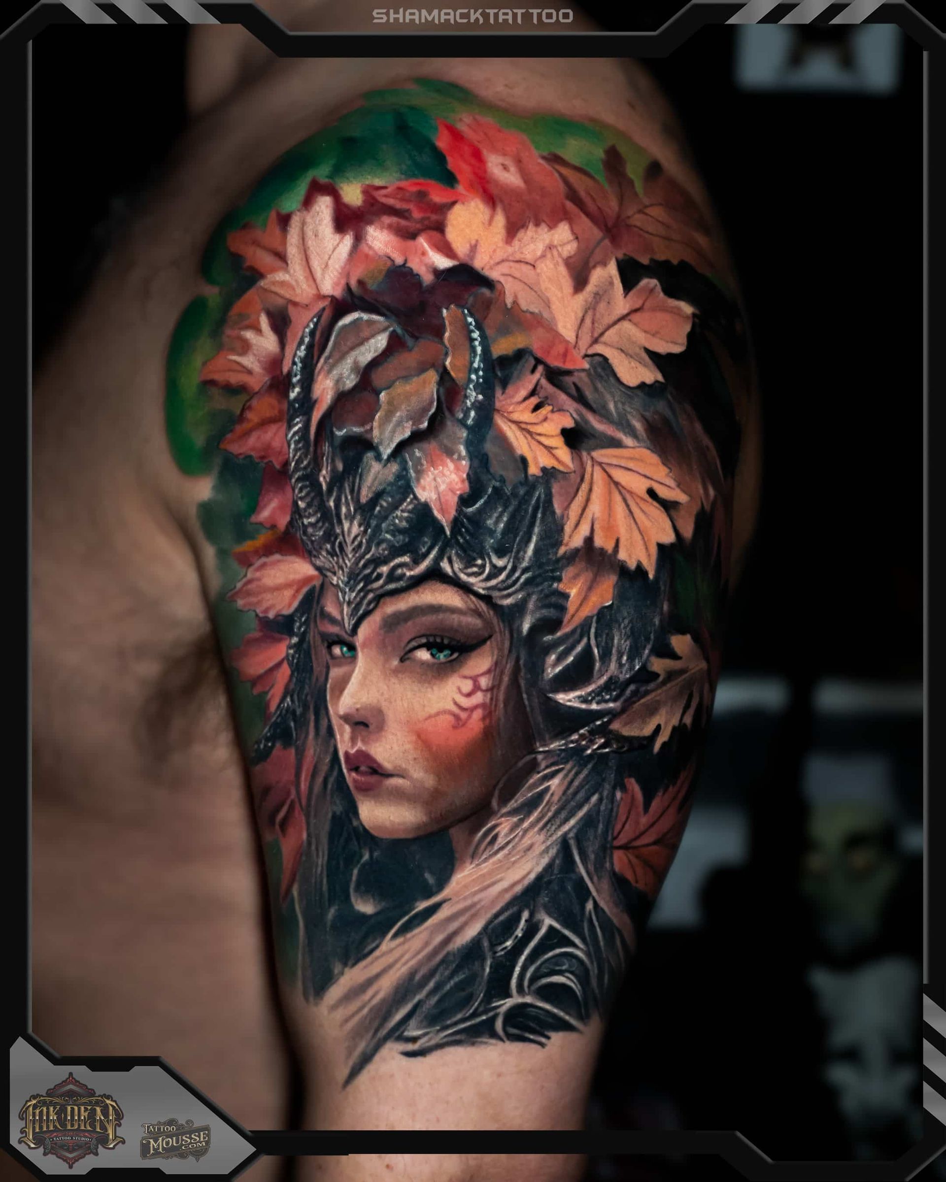 nature girl autumn leaves forest warior Shamack tattoo inkden