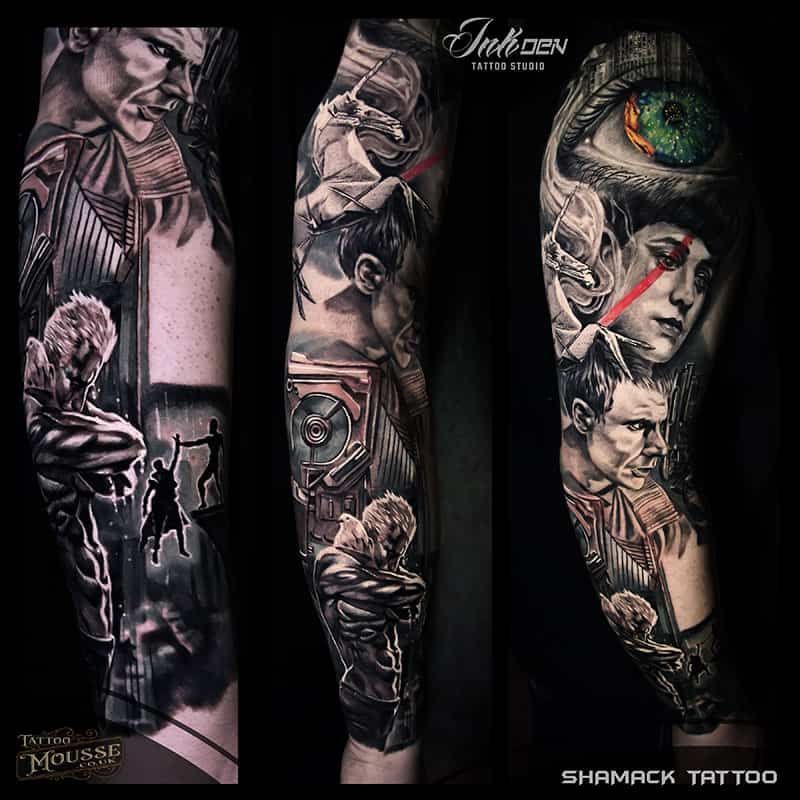 Three black-and-gray tattoo sleeves showing surreal faces, roses, and eye details on arms