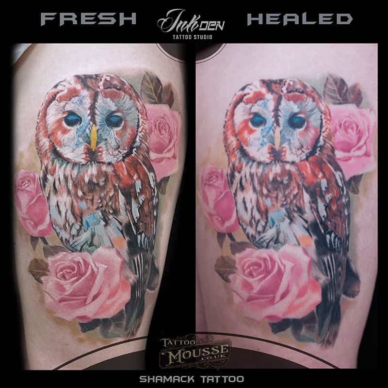 awl watercolour before and after black and grey tattoo Done at Inkden Tattoo Studio by Shamack Malachowski Blackpool best shop and Tattoo Mousse 