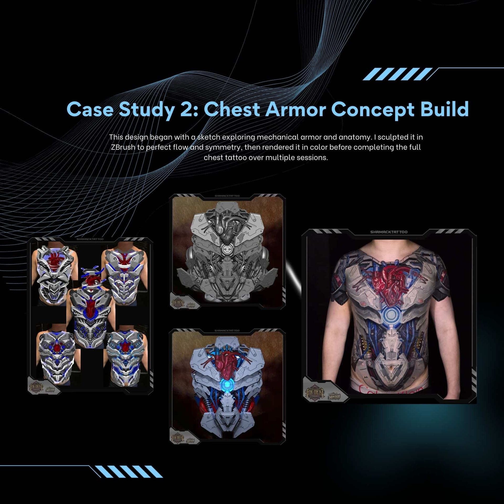 Chest armour concept build with tattooed torso designs