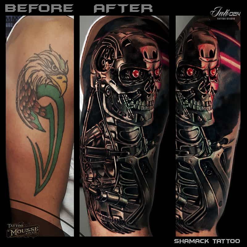 Before-and-after tattoo: green tribal dragon redesigned into a detailed black-and-red cyborg skull arm sleeve.
