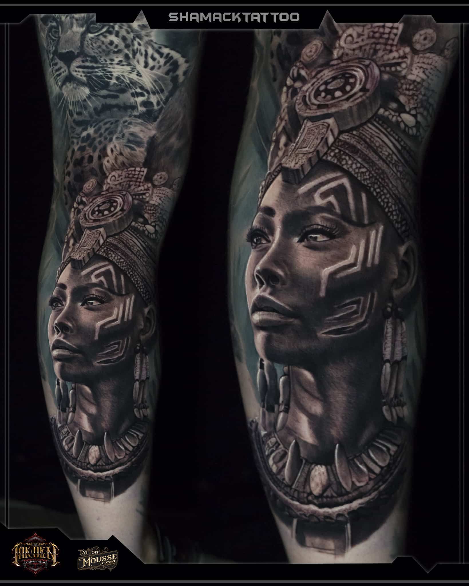 portrait african warior animals leg sleeve realism by Shamack tattoo inkden