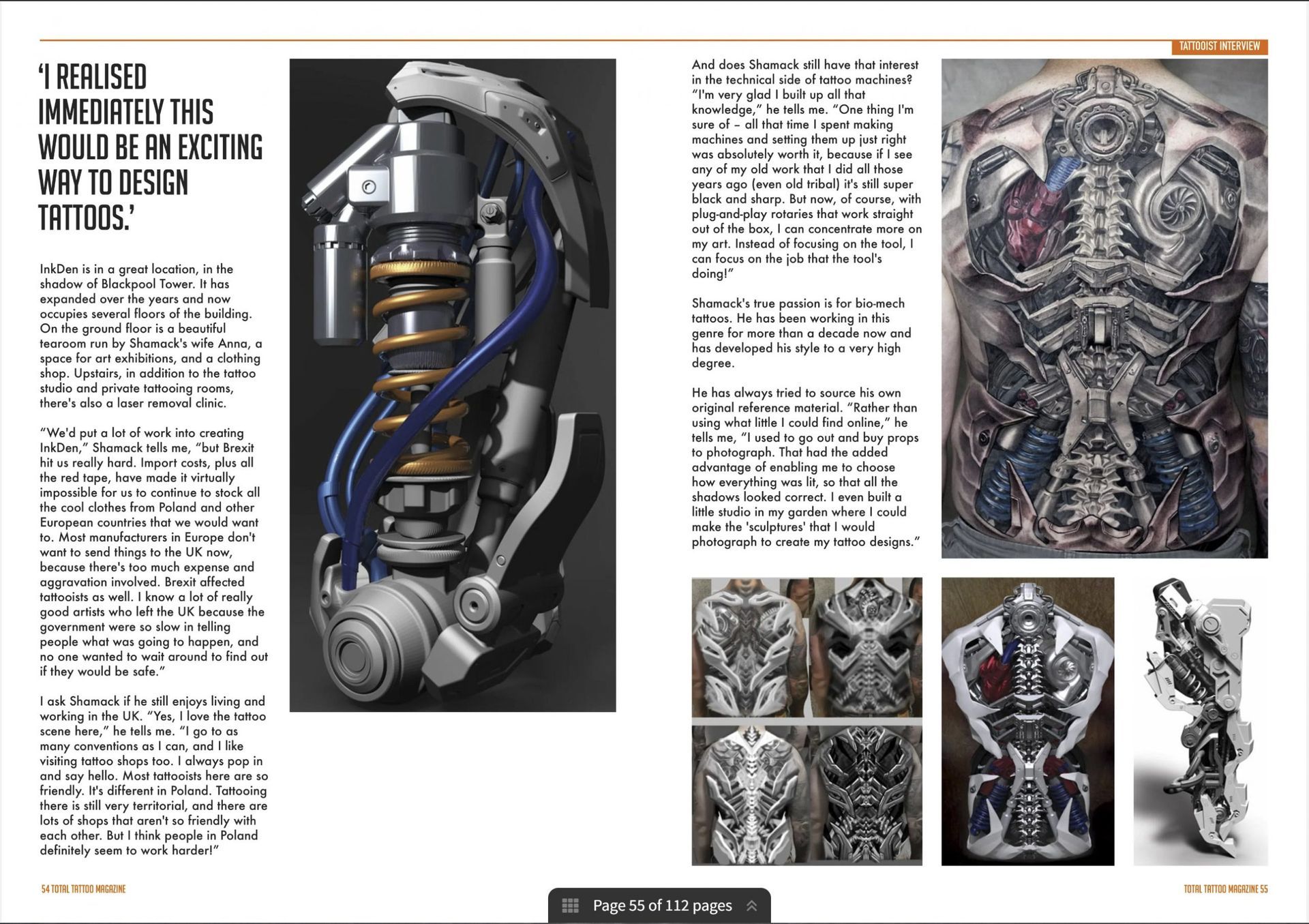 Detailed biomechanical leg tattoo and 3D reference models by tattoo artist Shamack featured in Total Tattoo Magazine.