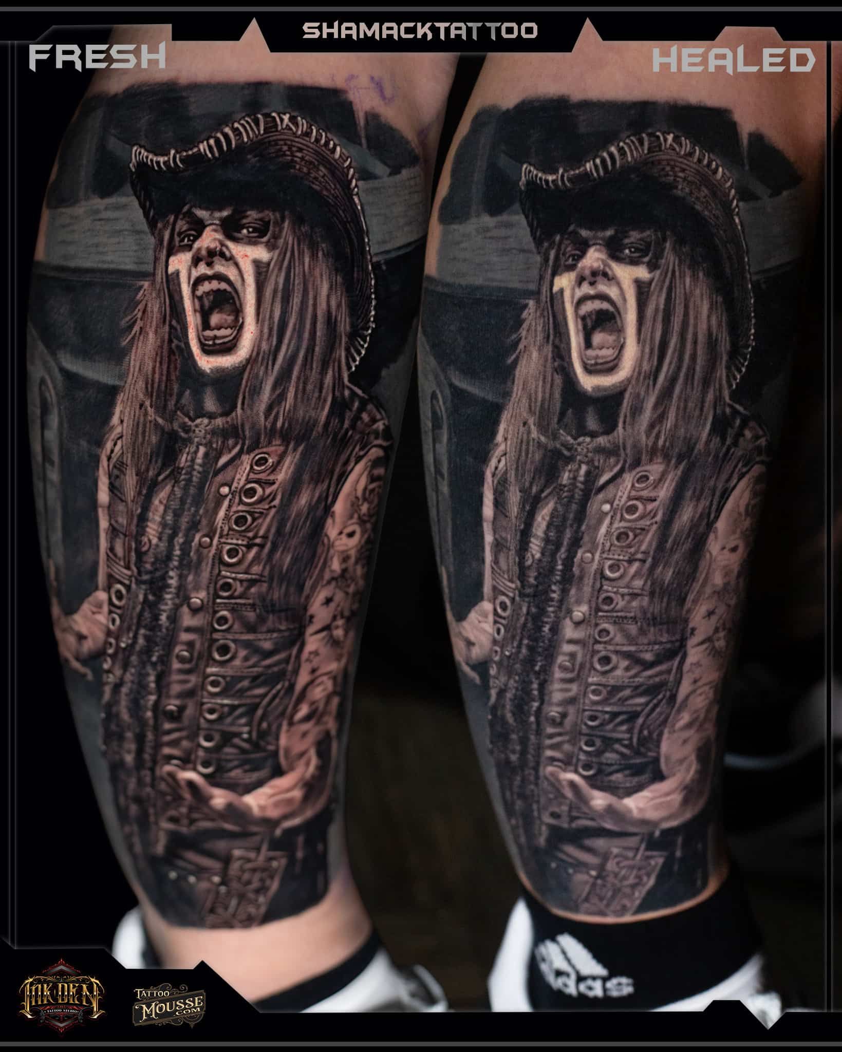 Side-by-side tattoo design on calves: dark, demonic figure in black and brown tones, labeled “FRESH” and “HEALED.”