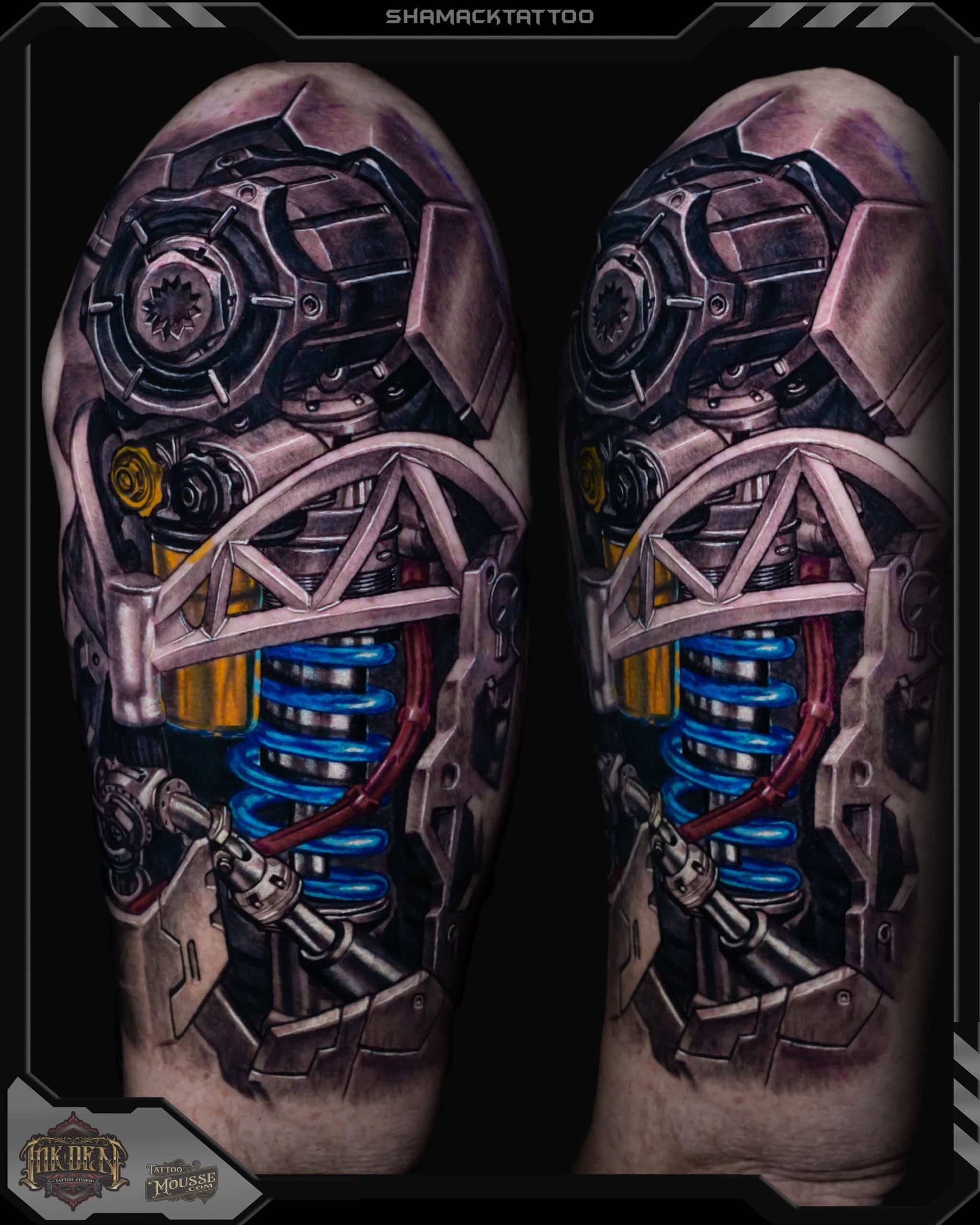 Pair of futuristic cybernetic legs with exposed blue springs and purple mechanical armor.