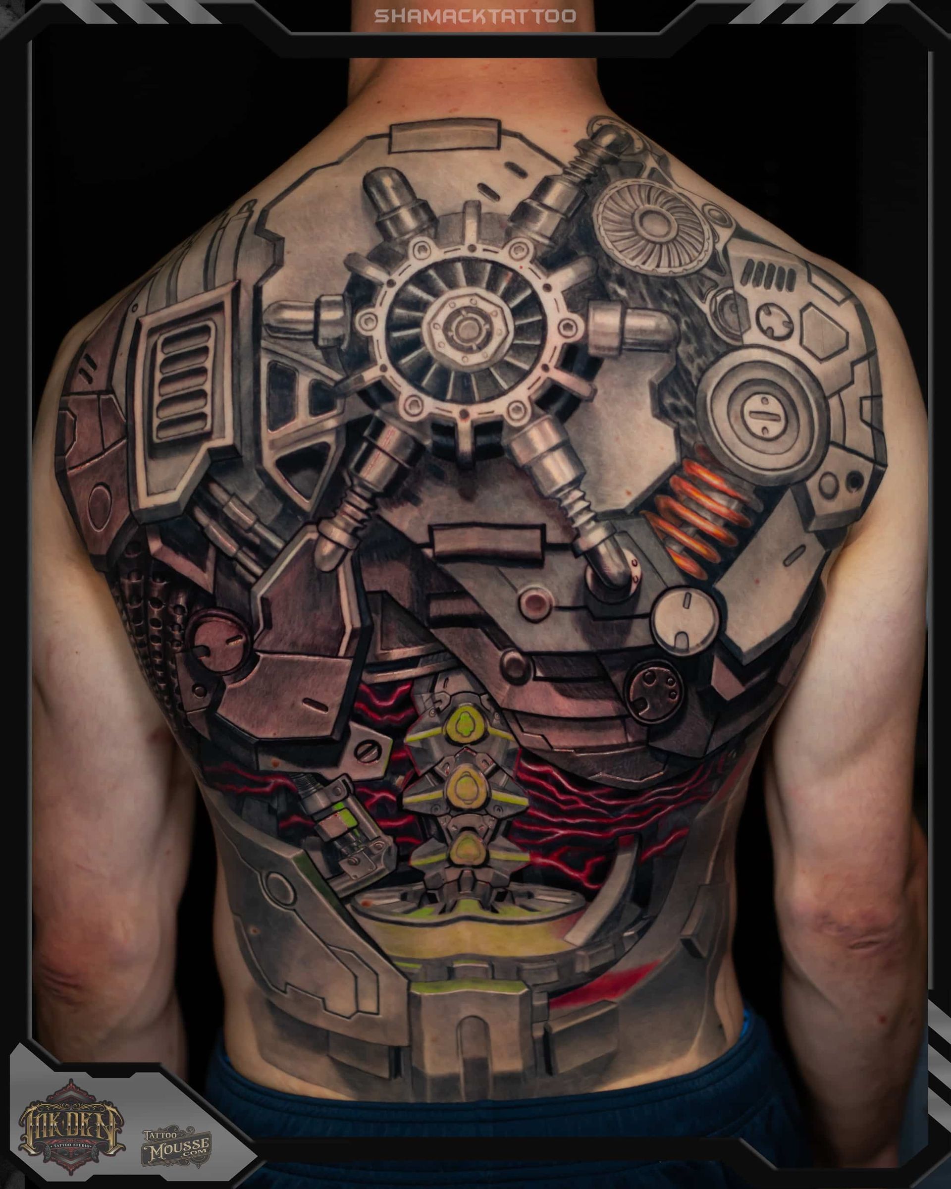 BIOMECHANICAL-BAck-piece-robot-realism-3d-shamack-inkden-tattoo-Blackpool