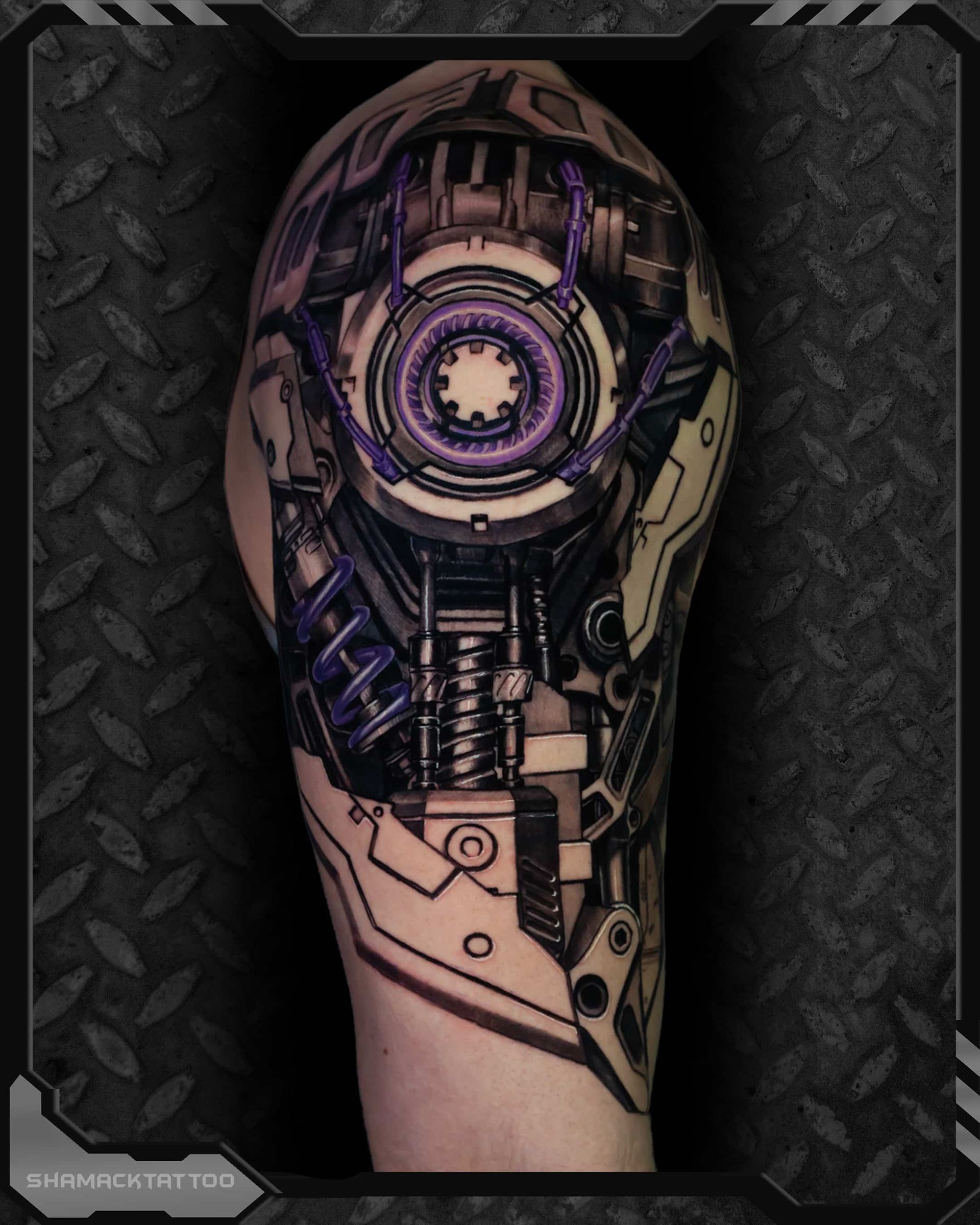 Futuristic purple and black mechanical tattoo on a forearm, centered on a dark textured background