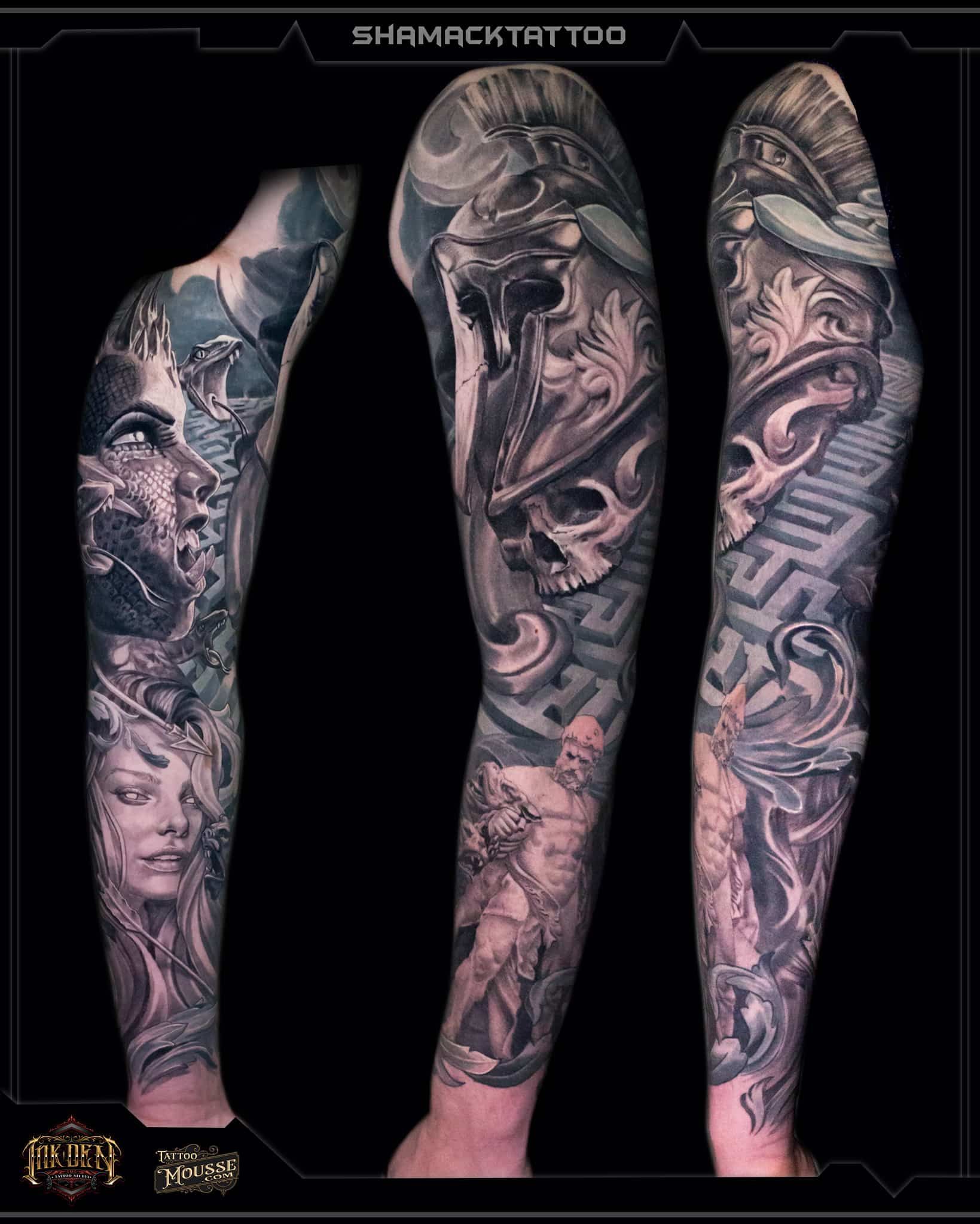 Three tattooed forearms shown front and back against a black background, featuring detailed black-and-gray sleeve tattoos