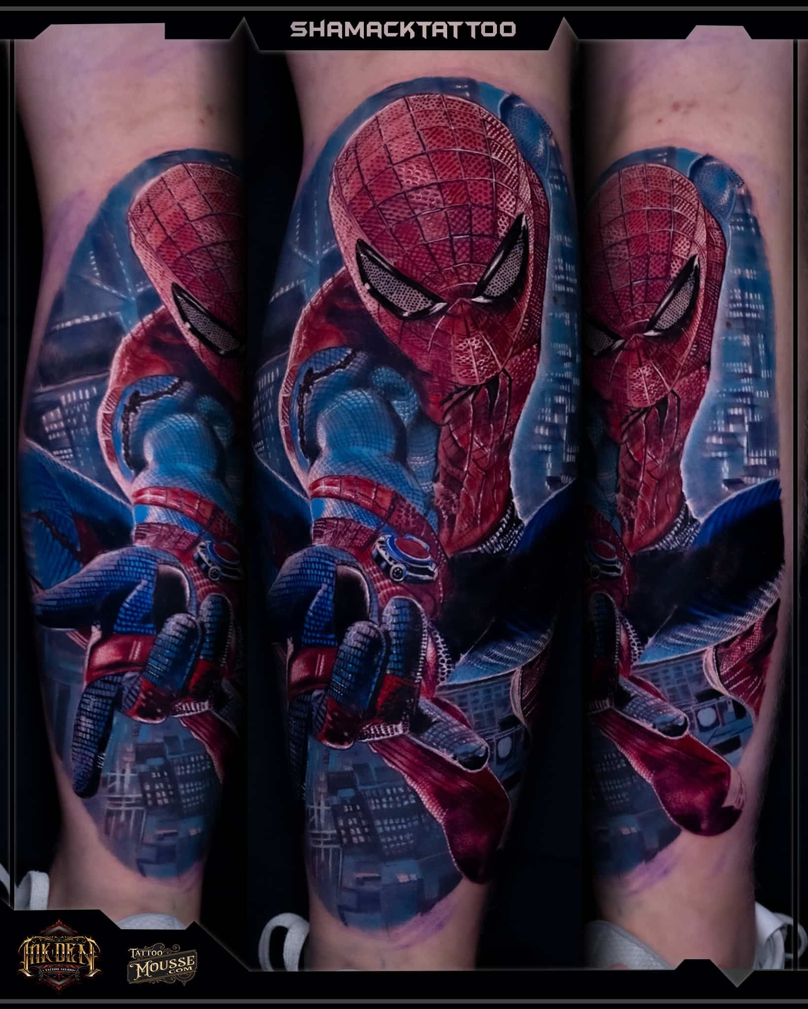 spiderman colour realism movie leg tattoo inkden tattoo studio