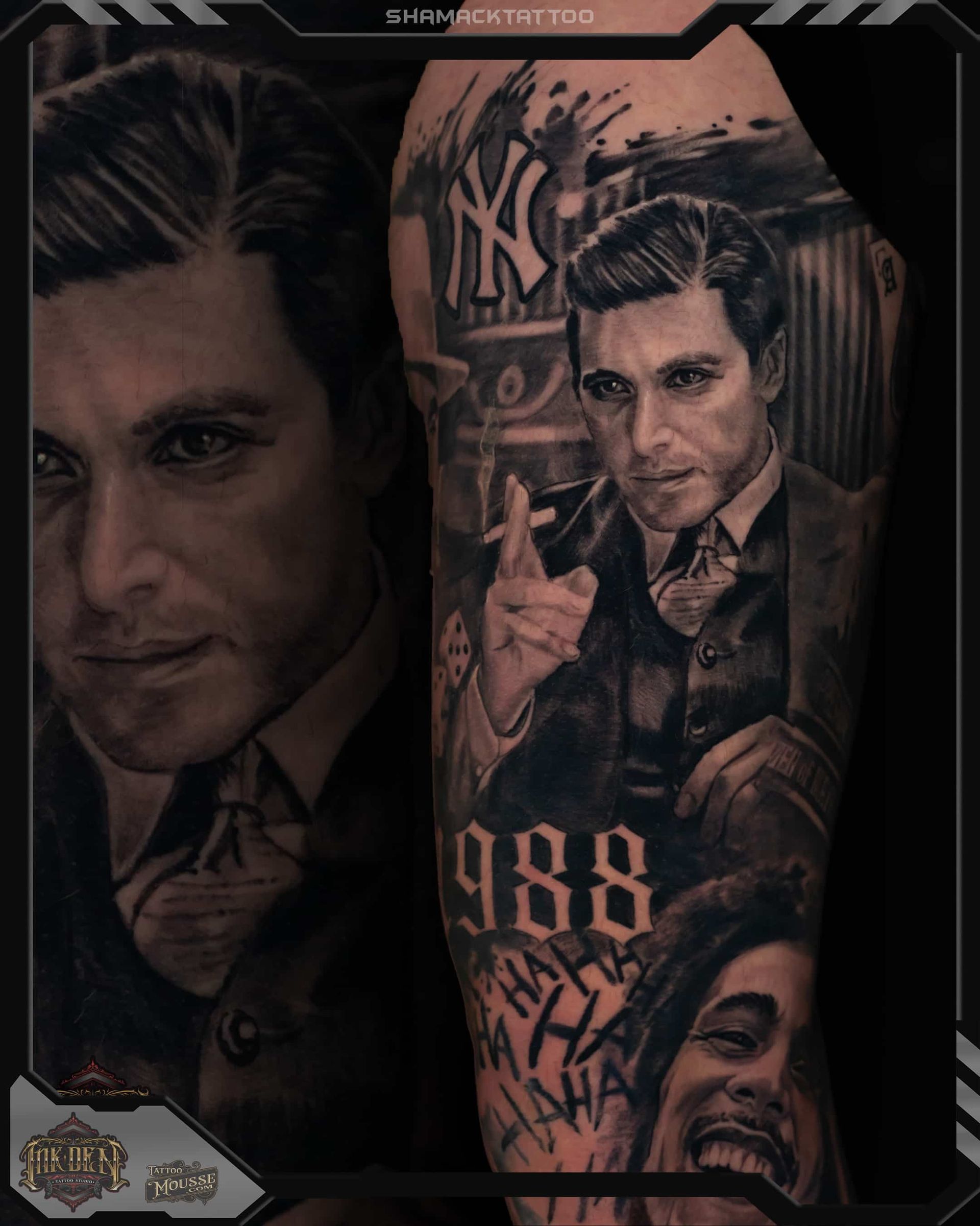 Collage of a tattooed man posing in a New York Yankees cap, with dark monochrome portrait panels.