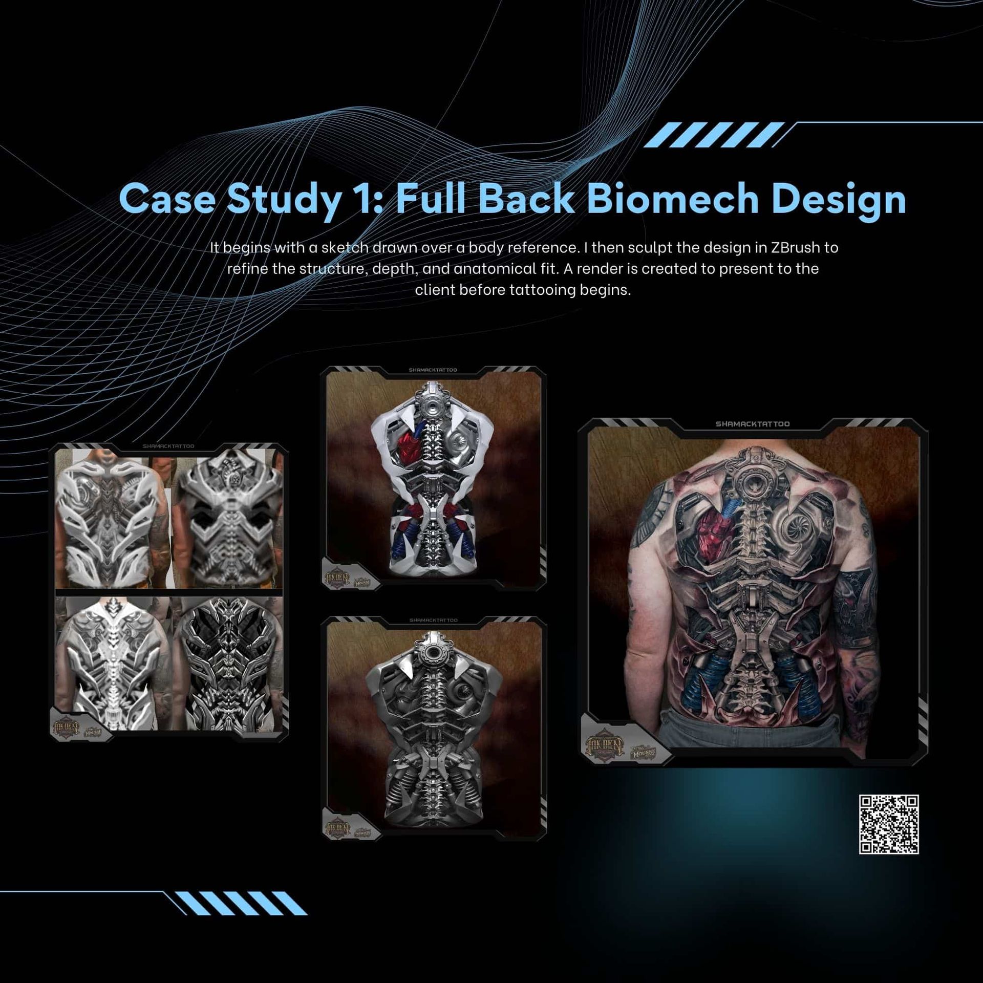 Full back biomech tattoo design case study