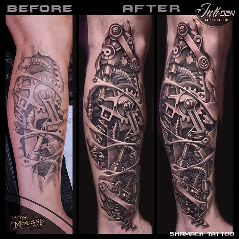 Before-and-after tattoo photos of a mechanical gear design on a lower leg.