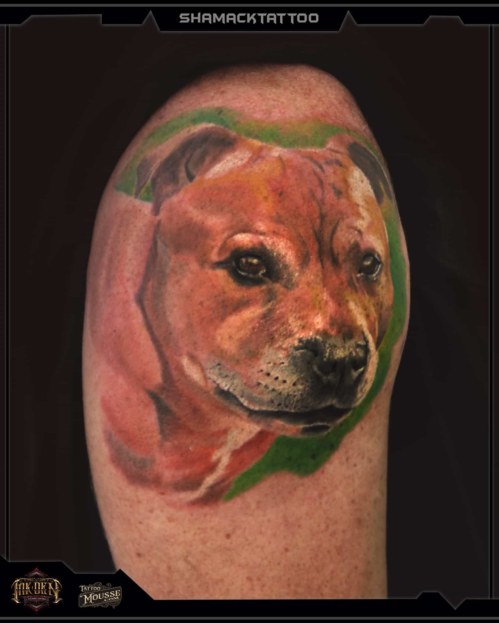 Color tattoo of a realistic dog portrait on a person’s upper arm, in warm brown and black tones